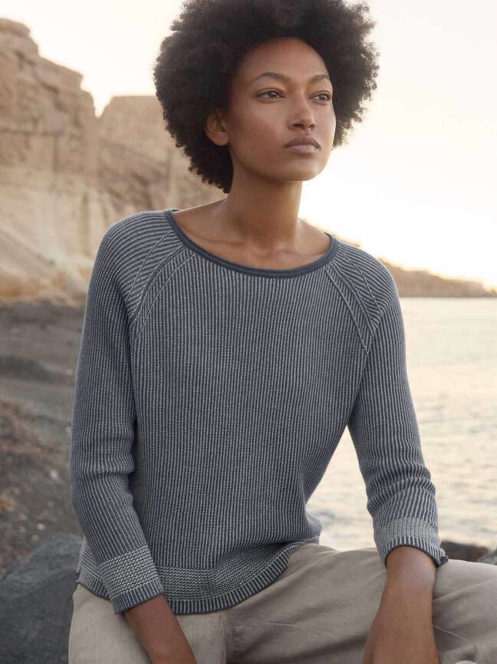Poetry 12 two toned blue organic cotton natural Ribbed Boatneck Women Sweater